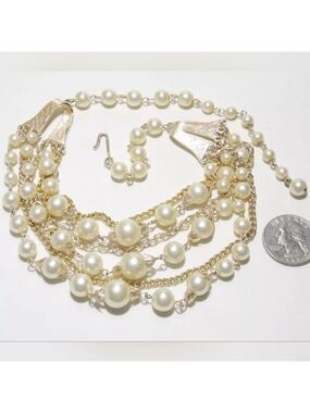 Vtg Signed JAPAN Necklace, Mutli-Strand (6) Faux Pearls & Chains 16.5" w/3" Drop